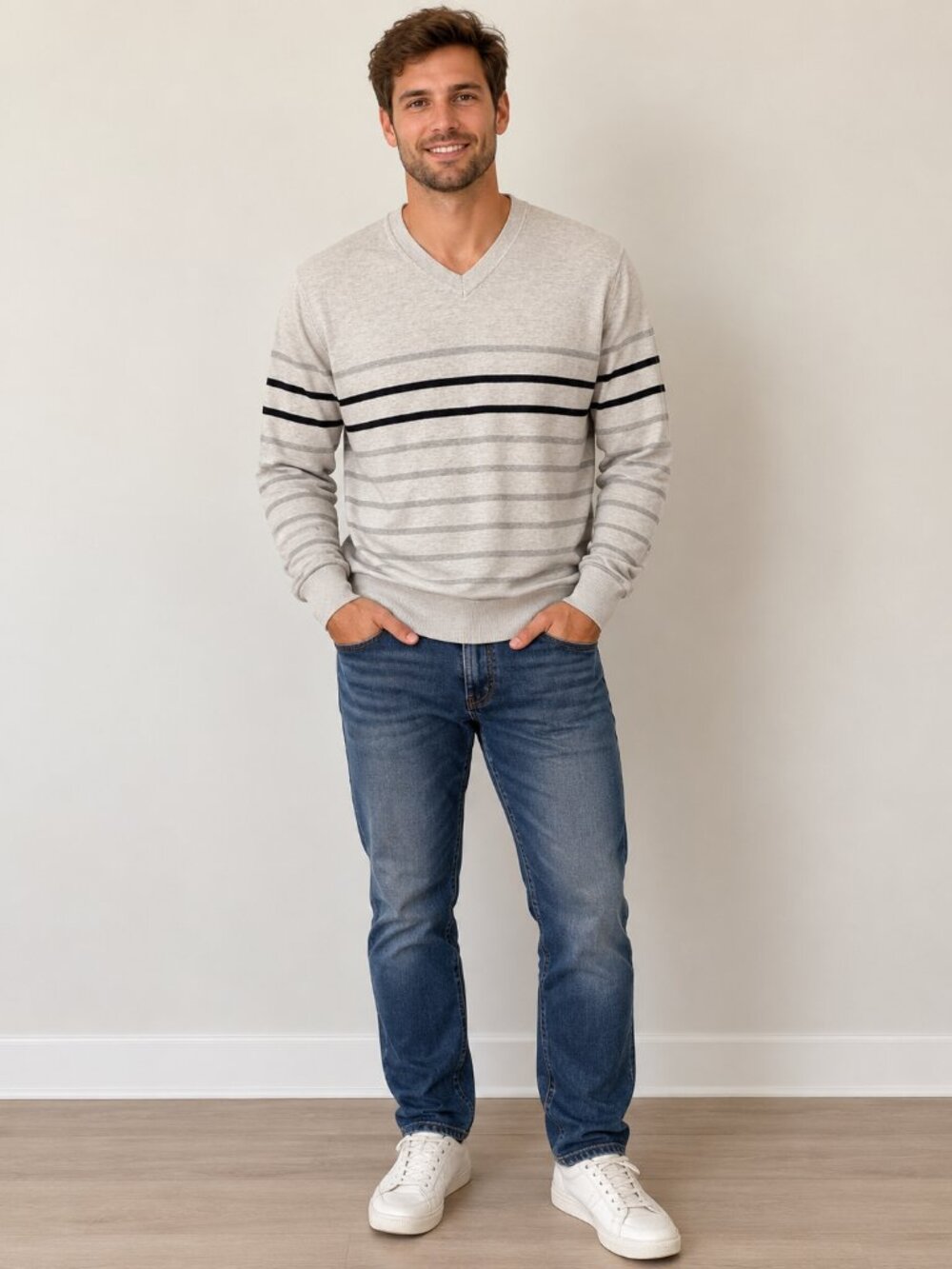 GAP Men's Cream V-Neck Sweater with Black and Light Gray Stripes